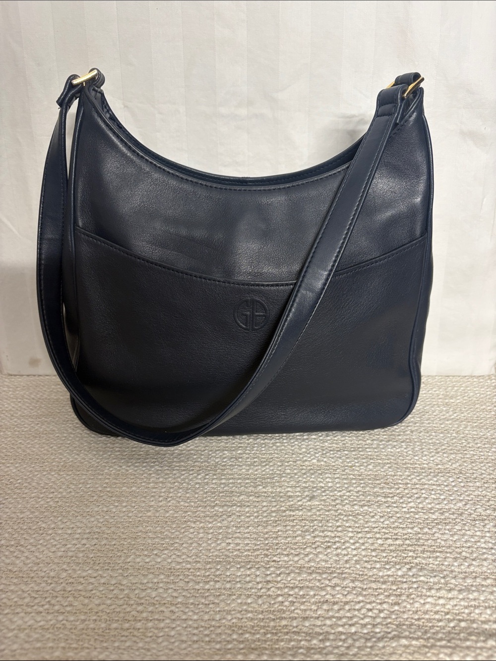 Giani Bernini Navy Leather Shoulder Bag with Gold Hardware